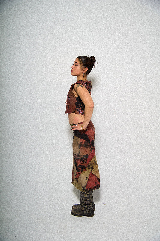 “Red” Denim Tie-Dye Long Skirt