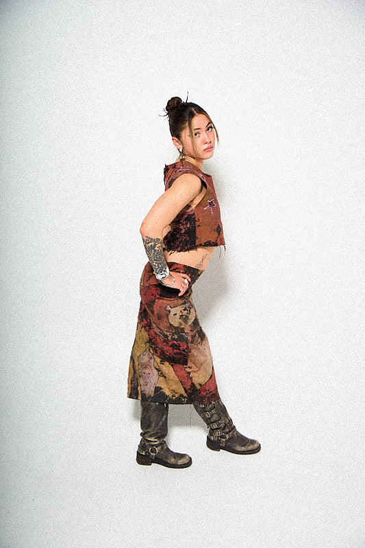 “Red” Denim Tie-Dye Long Skirt