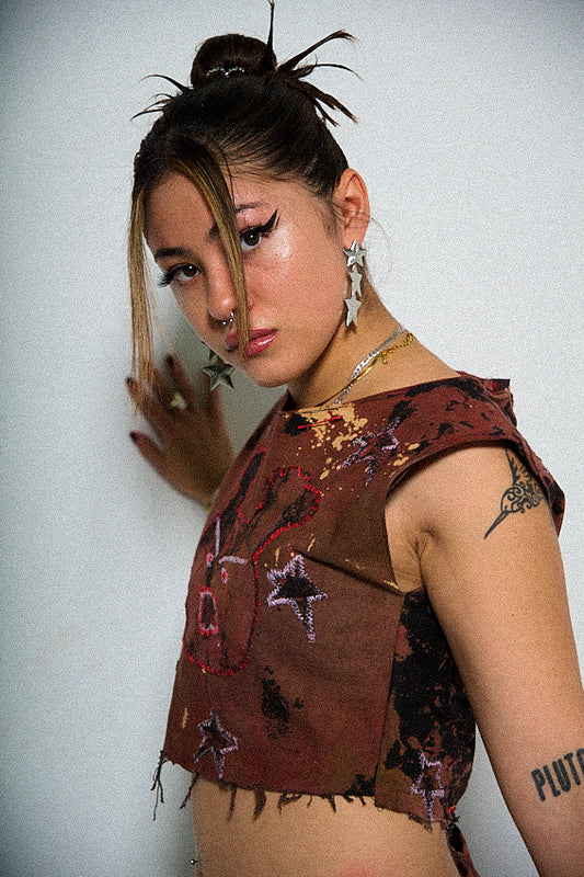 “Red” Denim Tie- Dye Crop Tee