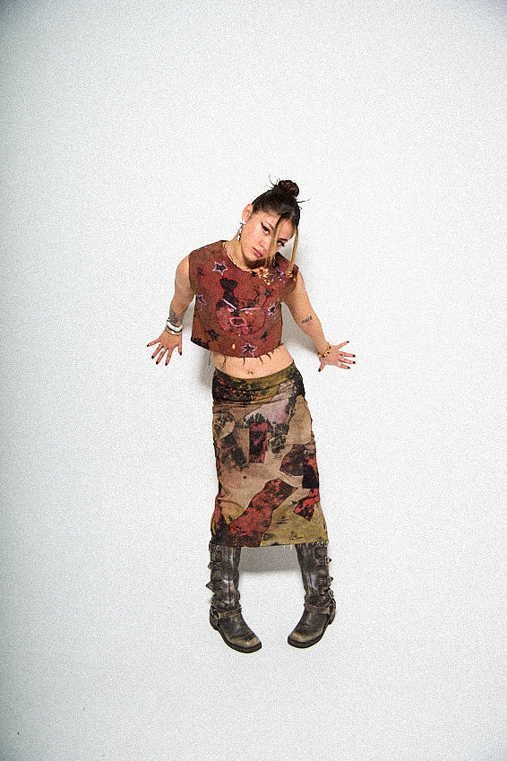 “Red” Denim Tie-Dye Long Skirt